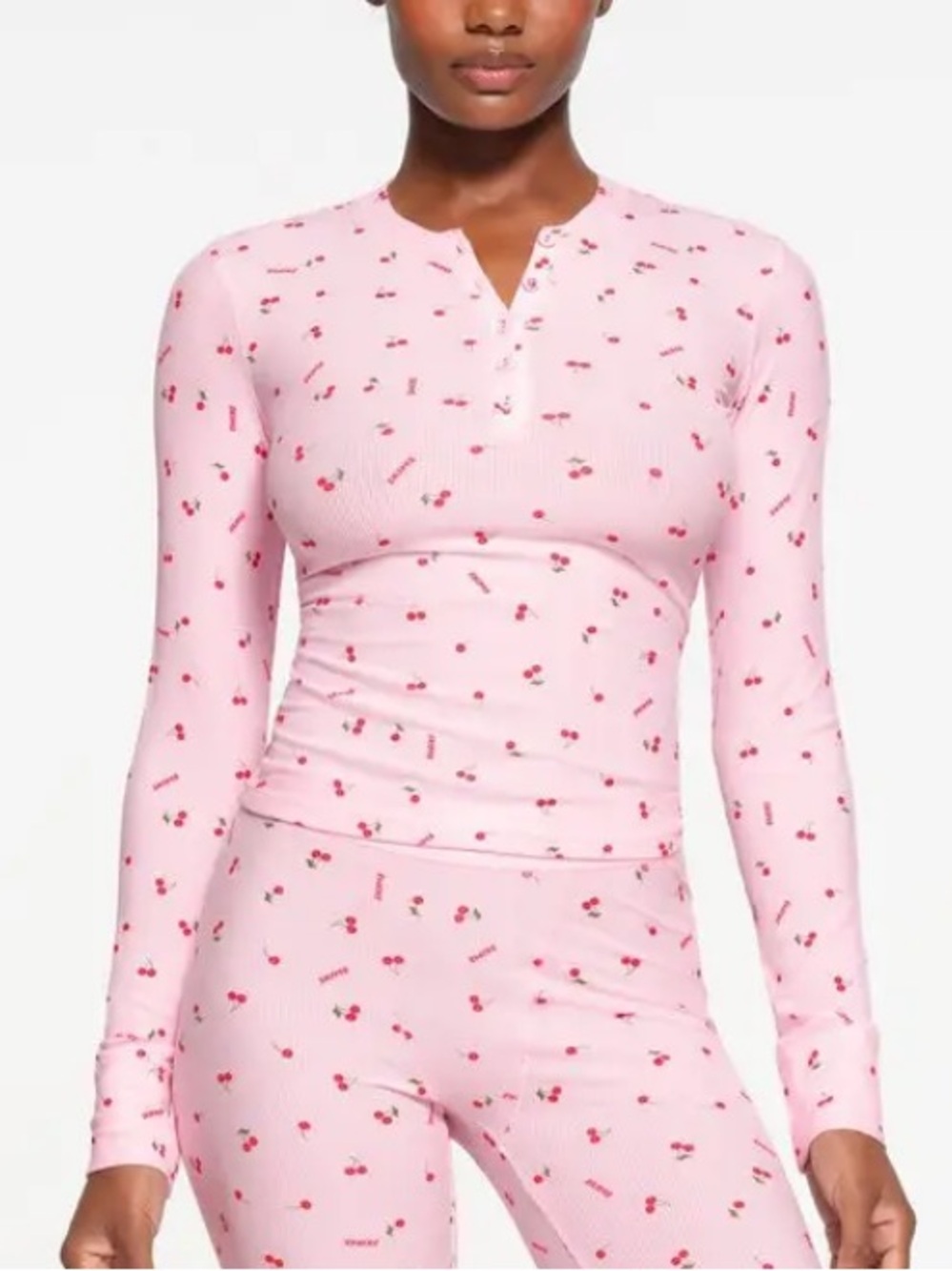 SKIMS SOFT LOUNGE LONG SLEEVE HENLEY LIMITED EDITION: CHERRY BLOSSOM PRINT XS